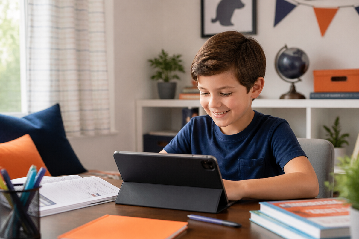 Child learning at home with a tablet